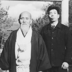 Aikido of San Leandro - O'Sensai & M. Saito in front of Aiki Jinja