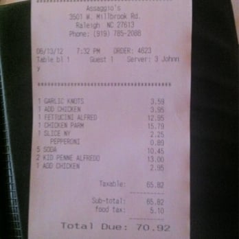 Assaggio's - Our tab for a family of 5 (includes three Kid's meals). Crazy!!! - Italian Near Me - Raleigh, North Carolina
