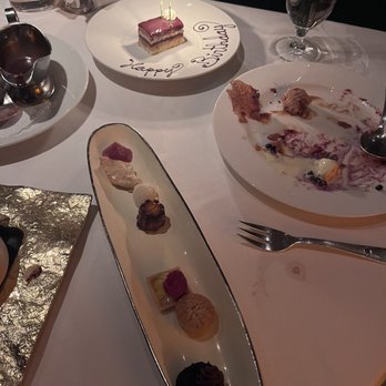 Gary Danko - Petit fours, birthday dessert, and the already finished Warm Louisiana Butter Cake (oops) - New American Near Me - San Francisco, California Gary Danko - Petit fours, birthday dessert, and the already finished Warm Louisiana Butter Cake (oops) - New American Near Me - San Francisco, California