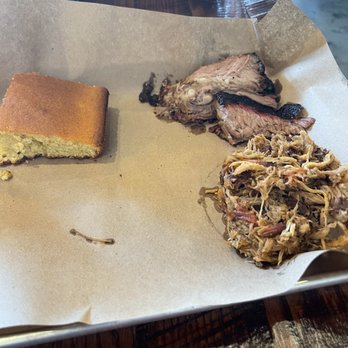 Mission BBQ - Corn bread, 2 meat sampler with brisket and pulled chicken - Barbeque Near Me - Green Bay, Wisconsin Mission BBQ - Corn bread, 2 meat sampler with brisket and pulled chicken - Barbeque Near Me - Green Bay, Wisconsin
