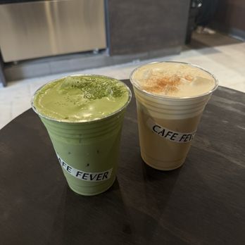 Cafe Fever - Double cloud matcha latte and vanilla bean latte w/ salted cream on top - Bakeries Near Me - Artesia, California