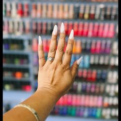 Envy Nails - Amazing nail tech, Linh with the milky white nails either chrome. Almond shape, long length