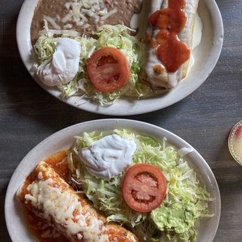Izcalli Mexican - Top: Lunch Chimichanga [Beef] Bottom: Lunch Burrito Deluxe [Chicken and Rice] - Mexican Near Me - Matthews, North Carolina