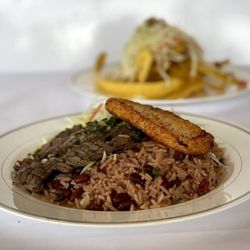 MayoKechu - Carne asada entree with gallo pinto and queso frito.