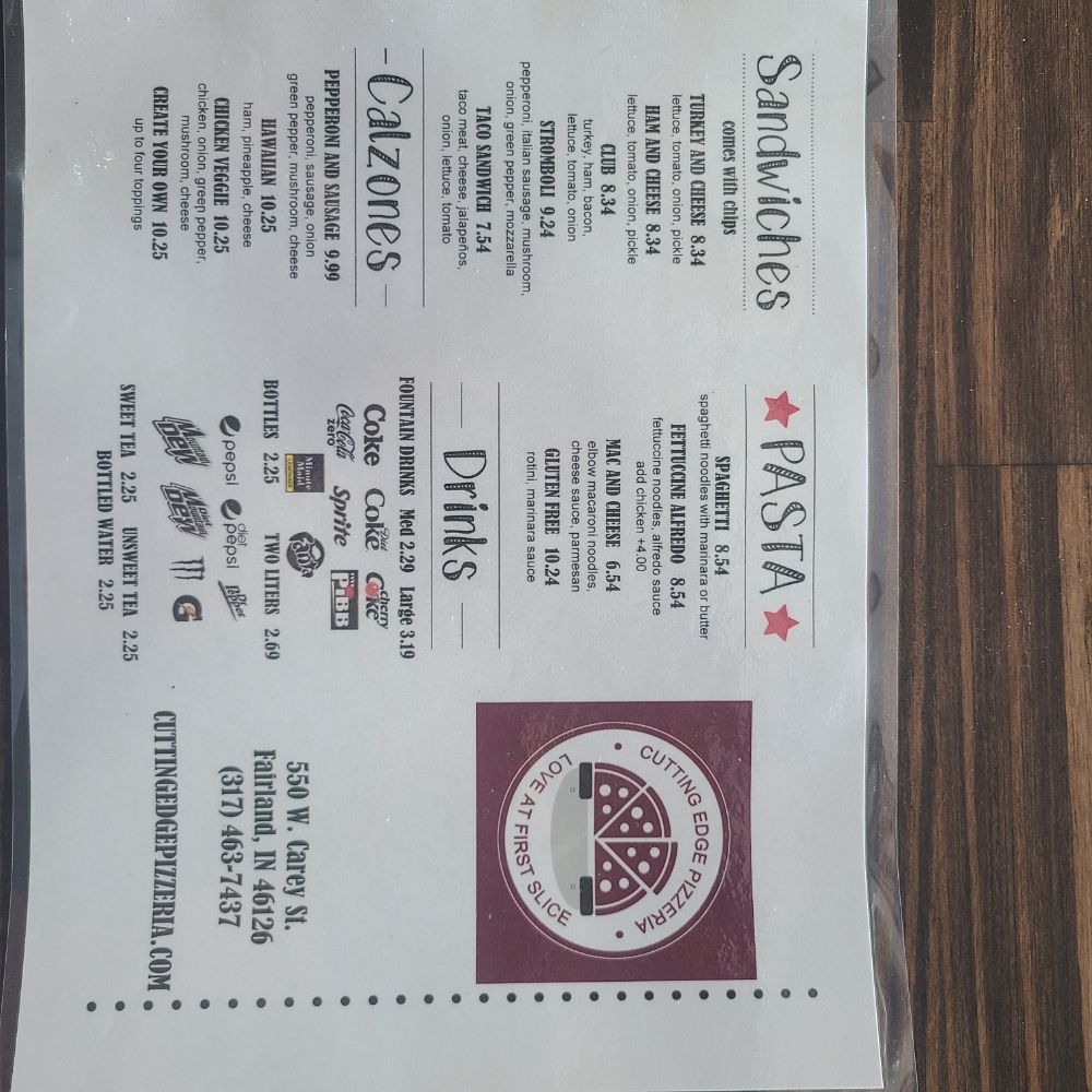 CUTTING EDGE PIZZERIA 506 W Carey St, Fairland, Indiana Pizza