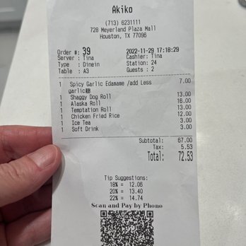 Akiko - Total for 1 app, 2 drinks, 3 rolls, and 1 fried rice - Japanese Near Me - Houston, Texas