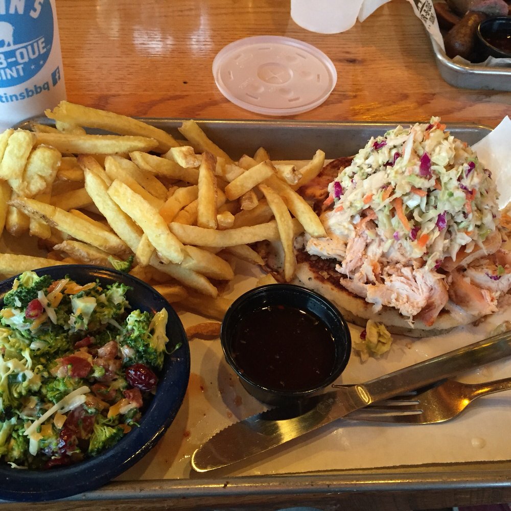 Martin's Bar-B-Que Joint - Chicken "Redneck Taco" (on cornbread hoe cake) topped with cole slaw.  Broccoli side salad and fries. - Barbeque Near Me - Mt. Juliet, Tennessee