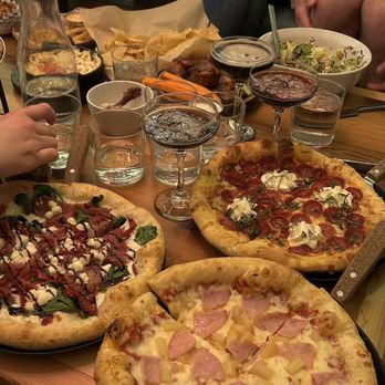 Happy Camper - All original crust! Left: Spinach & Prosciutto, Middle: Hawaiian Pizza, Right: Pepperoni & Ricotta (favorite) - Pizza Near Me - Las Vegas, Nevada
