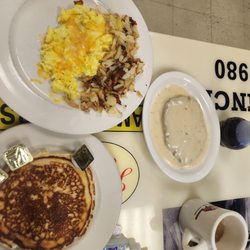 John's Cafe - Cheese eggs pancake hashbrowns and chicken fried steak