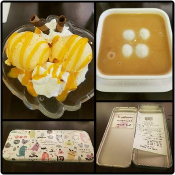 Mango Mango Dessert - Mango sundae and peanut paste w/black sesame mochi plus the check in a pencil case - Desserts Near Me - Flushing, New York