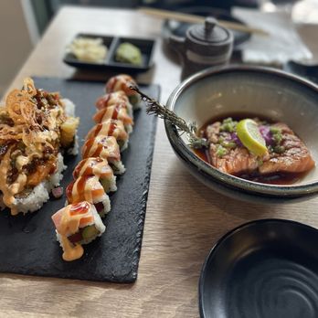 Kiroro Sushi - salmon on fire (left) kiroro roll (middle) seared salmon toro (right) - Japanese Near Me - Belmont, California Kiroro Sushi - salmon on fire (left) kiroro roll (middle) seared salmon toro (right) - Japanese Near Me - Belmont, California