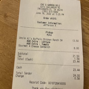 Eve’s Garden Deli - Receipt - Delis Near Me - Indianapolis, Indiana Eve’s Garden Deli - Receipt - Delis Near Me - Indianapolis, Indiana