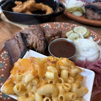 Mule Car Smokehouse - Onion rings and 1/2# brisket plate w Mac n cheese - Barbeque Near Me - Ontario, California Mule Car Smokehouse - Onion rings and 1/2# brisket plate w Mac n cheese - Barbeque Near Me - Ontario, California