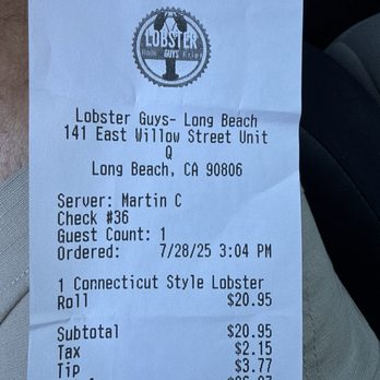 Lobster Guys - Receipt Connecticut Style Lobster Roll - Seafood Near Me - Long Beach, California Lobster Guys - Receipt Connecticut Style Lobster Roll - Seafood Near Me - Long Beach, California