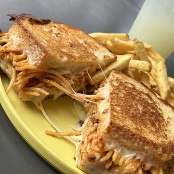 Burnt Crumbs - Spaghetti Grilled Cheese Sandwich - New American Near Me - Irvine, California Burnt Crumbs - Spaghetti Grilled Cheese Sandwich - New American Near Me - Irvine, California