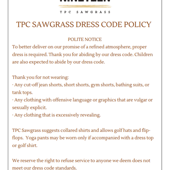 NINETEEN at TPC Sawgrass - Restaurant dress code as of December 27, 2022. - American Near Me - Ponte Vedra Beach, Florida NINETEEN at TPC Sawgrass - Restaurant dress code as of December 27, 2022. - American Near Me - Ponte Vedra Beach, Florida