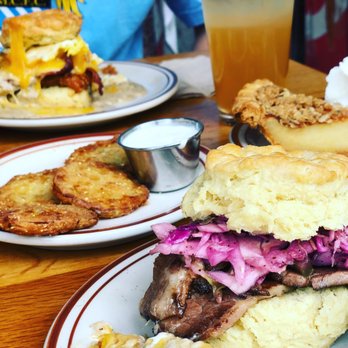 Pine State Biscuits - The bbq, fried green tomatoes (middle) and the reggie in the background - Breakfast & Brunch Near Me - Portland, Oregon