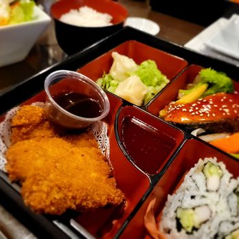 Sakura Sushi and Grill - Lunch bento box with pork katsu and teriyaki salmon - Japanese Near Me - Menomonee Falls, Wisconsin Sakura Sushi and Grill - Lunch bento box with pork katsu and teriyaki salmon - Japanese Near Me - Menomonee Falls, Wisconsin
