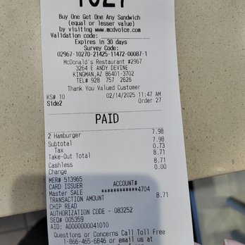 McDonald's - Receipt - Burgers Near Me - Kingman, Arizona