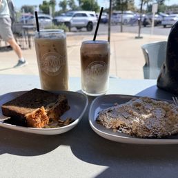 Date Banana bread and latte. Cherry latte and an almond croissant