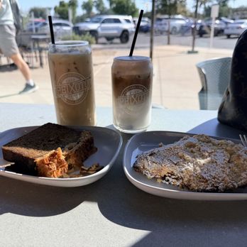 Peixoto Coffee - Date Banana bread and latte. Cherry latte and an almond croissant - Coffee Roasteries Near Me - Gilbert, Arizona
