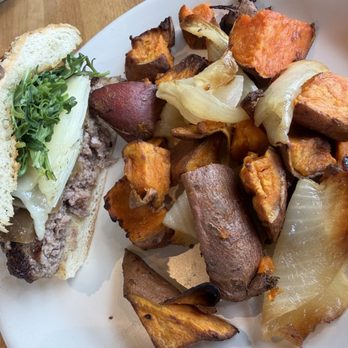 True Food Kitchen - Grass fed burger with roasted sweet potatoes side - New American Near Me - Edison, New Jersey