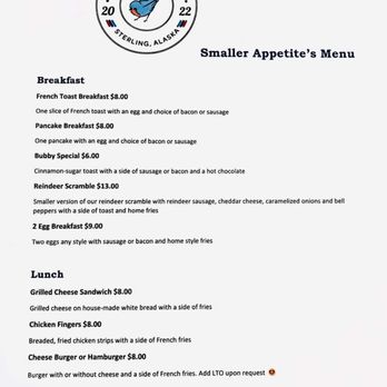 Bluebird Cafe - Menu - Breakfast & Brunch Near Me - Sterling, Alaska