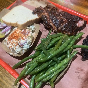 Terry Black's Barbecue - Ribs, green beans (they were a bit salty), potato salad (quickly devoured) - Barbeque Near Me - Austin, Texas Terry Black's Barbecue - Ribs, green beans (they were a bit salty), potato salad (quickly devoured) - Barbeque Near Me - Austin, Texas