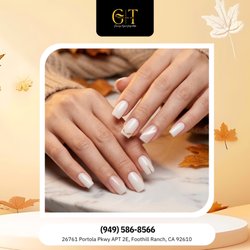 GT Nails And Spa - Milky white minimal! Clean square nails showcase luminous semi-sheer vanilla polish accented with delicate metallic gold line art. Book n