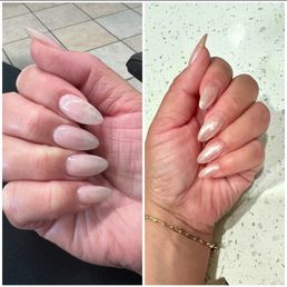 Left- natural semi nude nail Right-light rose gold/natural chrome. Left- natural semi nude nail Right-light rose gold/natural chrome.