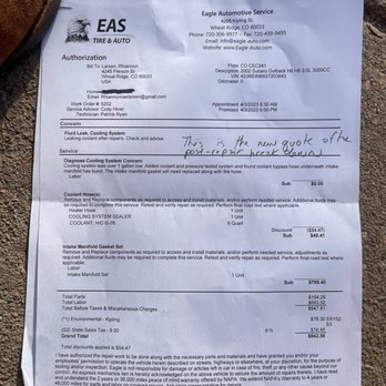 EAS Tire & Auto - Post -repair bill: Still didn't fix diagnose the head gaskets but they want to charge me another $1000 to replace a hose they missed - Auto Repair Near Me - Wheat Ridge, Colorado EAS Tire & Auto - Post -repair bill: Still didn't fix diagnose the head gaskets but they want to charge me another $1000 to replace a hose they missed - Auto Repair Near Me - Wheat Ridge, Colorado