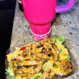Side salad with fat free honey mustard added 12 price grilled nuggets tossed in 1 buffalo sauce and also added blue cheese crumbles.