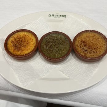 Café du Centre - Three Crème broulets (the middle one is pistachio!) - French Near Me - Geneva, GE