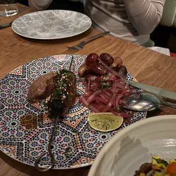 Aziza - Kefta brochette with miso-date butter, sesame, pickled grapes, onions - Moroccan Near Me - San Francisco, California Aziza - Kefta brochette with miso-date butter, sesame, pickled grapes, onions - Moroccan Near Me - San Francisco, California