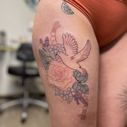 Liquid Color Tattoo Studio - Color outline rose and dove intuitive tattoo from Liquid Color Tattoo Studio in Fort Collins, CO.