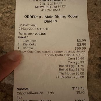King Crab Shack - Epic service fee - Seafood Near Me - Milwaukee, Wisconsin