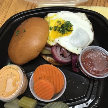 The Hideout Kitchen - The Hideout Burger. 1/2 lb hamburger with onions, Swiss, garnishes and a fried egg on top. - New American Near Me - Lafayette, California