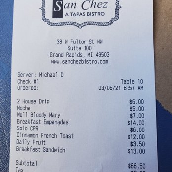 San Chez Bistro - Receipt for 4 person breakfast - Breakfast & Brunch Near Me - Grand Rapids, Michigan San Chez Bistro - Receipt for 4 person breakfast - Breakfast & Brunch Near Me - Grand Rapids, Michigan