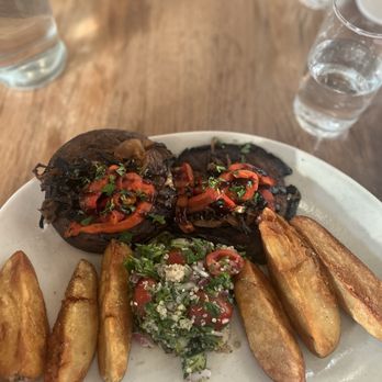 Cypriana Maple Lawn - Large plate- Grilled Portobello Mushrooms , roasted red peppers, grilled onions, Cyprus fries and tabouli. - Mediterranean Near Me - Fulton, Maryland