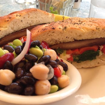 Waterfront - portobello sandwich with four bean salad - Seafood Near Me - Camden, Maine Waterfront - portobello sandwich with four bean salad - Seafood Near Me - Camden, Maine
