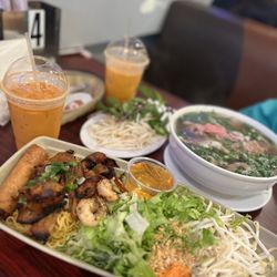 Fontana Pho - Charbroiled pork/ shrimp and egg roll, Rare beef pho and Thai tea