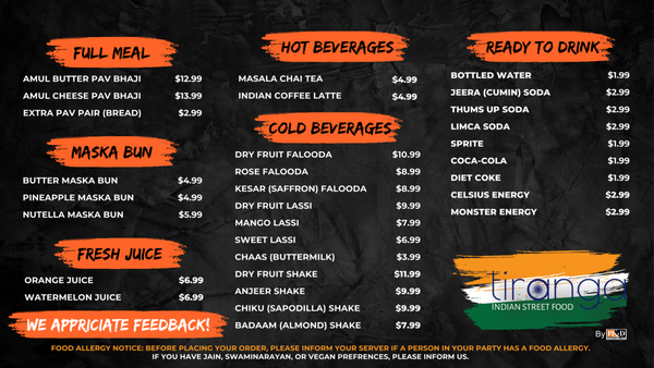 Menu photo 1 Tiranga By P&D Woburn, MA