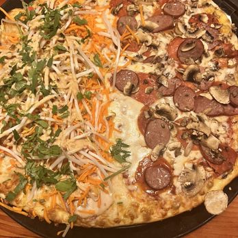 Moose's Tooth - 1/2 Chicken Spicy Thai Chicken (Medium) 1/2 Classic with Reindeer Sausage - Pizza Near Me - Anchorage, Alaska