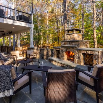 Xscape - Outdoor living at its coziest, a custom stone fireplace and lounge built for all-season comfort. - Landscaping Near Me - Catharpin, Virginia Xscape - Outdoor living at its coziest, a custom stone fireplace and lounge built for all-season comfort. - Landscaping Near Me - Catharpin, Virginia