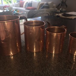 The Royal Tavern - Original, antique copper measuring cups, stamped with the Royal Tavern! On the top side of each is a crown over VR 64.