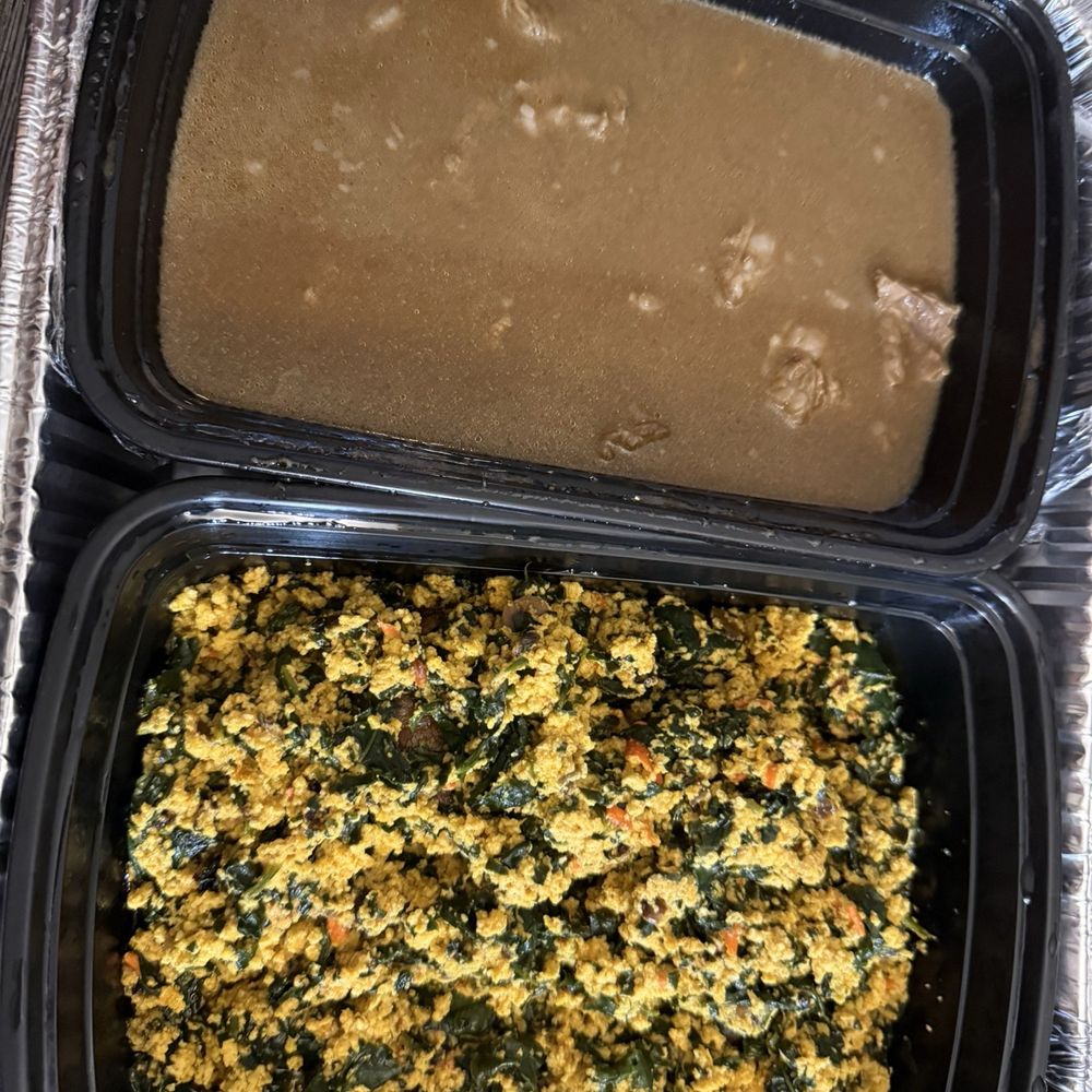 Saaraloge's Kitchen - Top: Black Pepper Soup with Beef Bottom: Egusi with Chicken - Food Delivery Services Near Me - Riverside, California