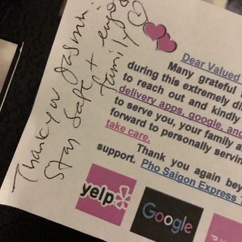 Pho Saigon Express - 5Star Customer service! Personalized note for our family during Covid19 - Vietnamese Near Me - Escondido, California
