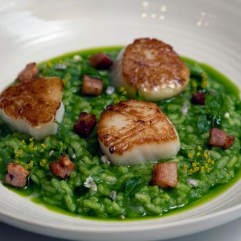 Vesper - Pan Seared Scallops * pancetta, risotto, basil oil, wild flowers and herbs - Salad Near Me - Ellicott City, Maryland Vesper - Pan Seared Scallops * pancetta, risotto, basil oil, wild flowers and herbs - Salad Near Me - Ellicott City, Maryland
