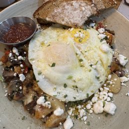 Market Hash...mushrooms/goat cheese/potatoes/red bell peppers/onion/2 perfect over medium eggs