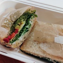 The "Fearless" sandwich (kale, arugula, roasted red peppers, pickled eggplants, zucchini, pesto and whipped ricotta).